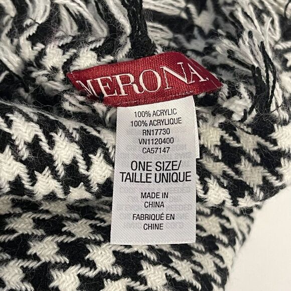 MERONA Scarf Women's One Size Black White Houndstooth Acrylic Fringe Soft Knit - Picture 3 of 9